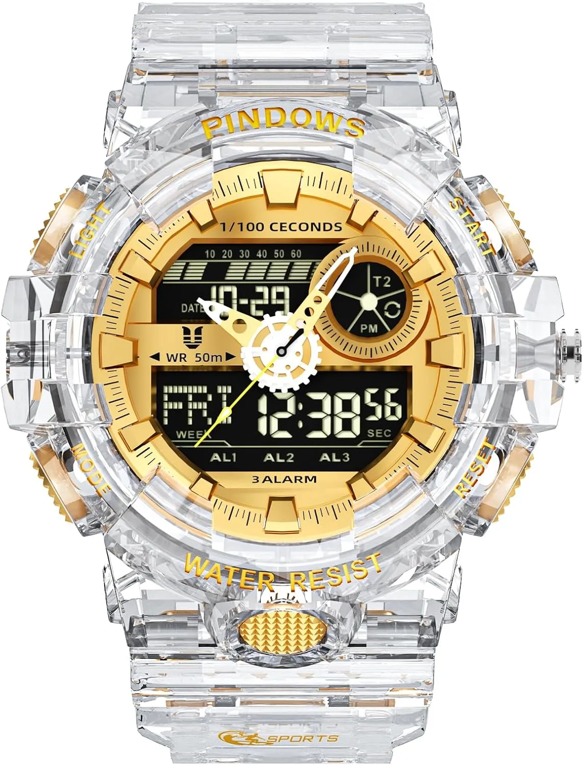 PINDOWS Watch for Men, 50M Waterproof Analog Digital Watches Watch Outdoor Sports Electronic Watch Date Multi-Function LED Alarm Stopwatch.