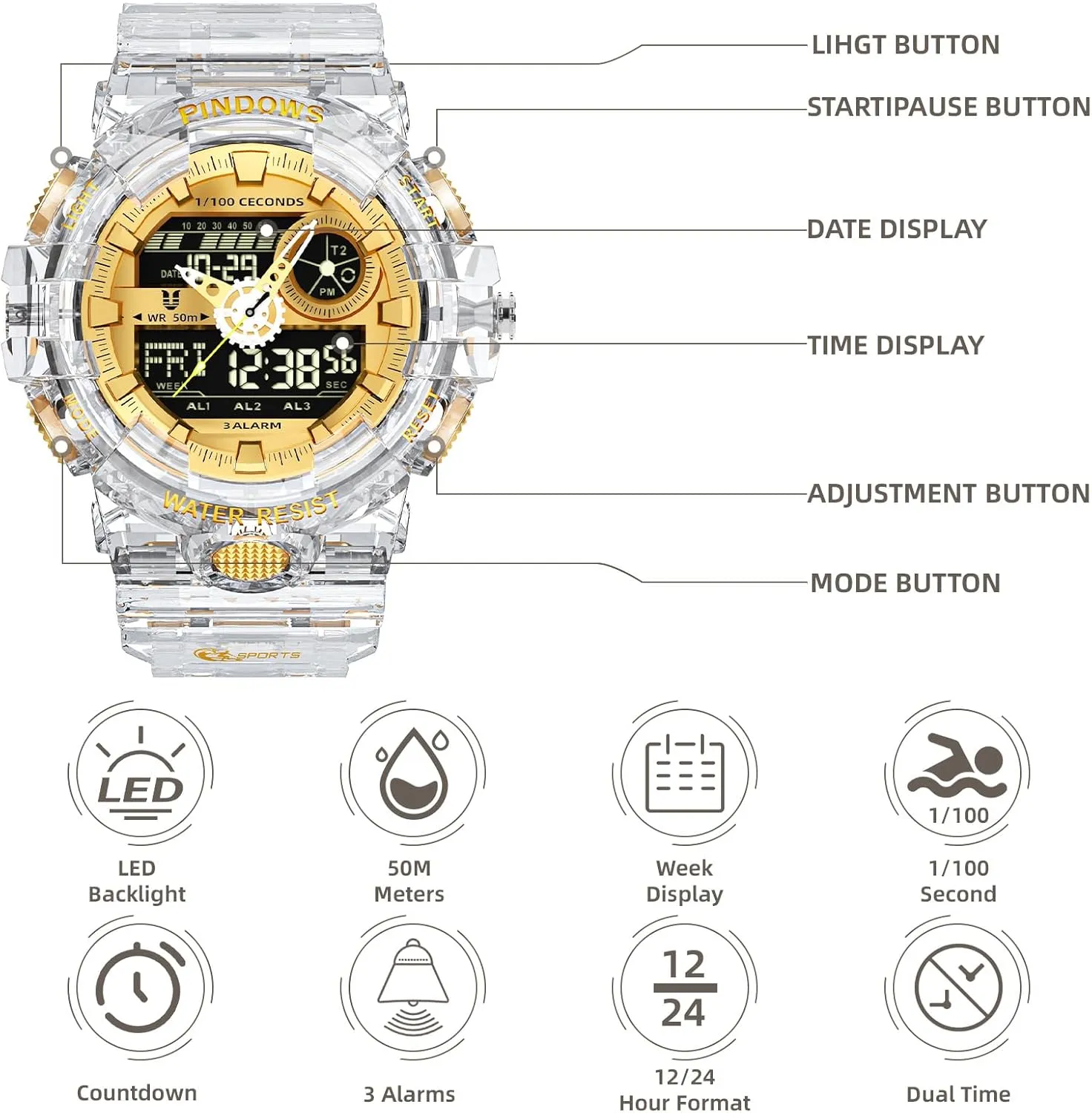 PINDOWS Watch for Men, 50M Waterproof Analog Digital Watches Watch Outdoor Sports Electronic Watch Date Multi-Function LED Alarm Stopwatch.