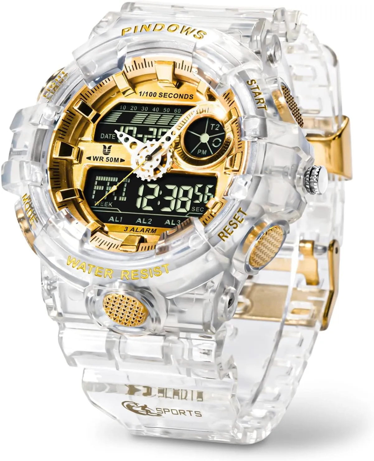 PINDOWS Watch for Men, 50M Waterproof Analog Digital Watches Watch Outdoor Sports Electronic Watch Date Multi-Function LED Alarm Stopwatch.