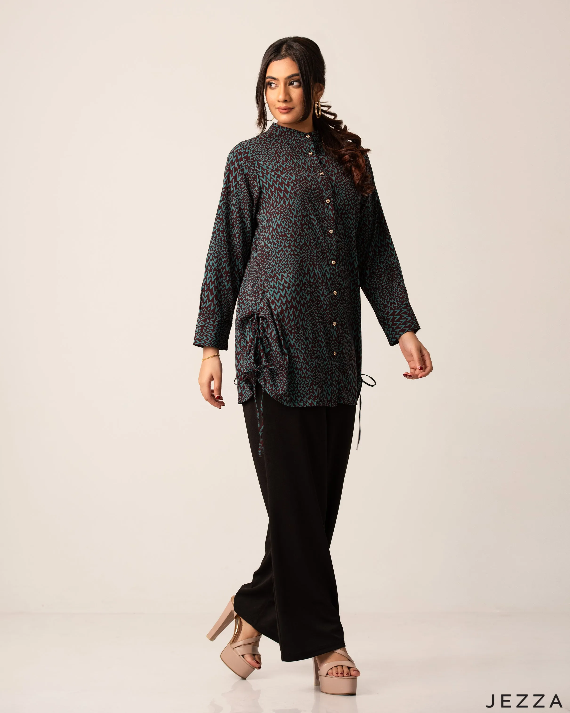 Printed Polyester Top with Ruching Detail 60083