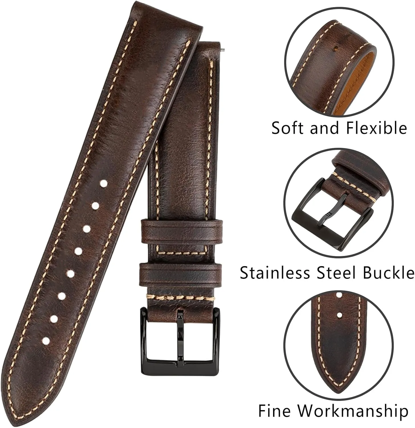 Quick Release Leather Watch Bands 14mm 16mm 18mm 19mm 20mm 21mm 22mm 24mm,Vintage Oil Wax-Tanned Leather Watch Straps Men's Watch Band Replacement Watch Strap for Men Women