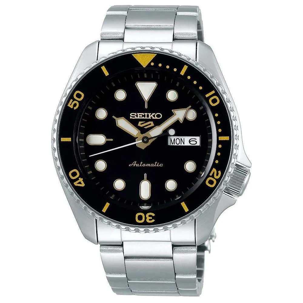 Seiko Mens Automatic 5 Sports Stainless Steel Bracelet Black Dial Watch - SRPD57