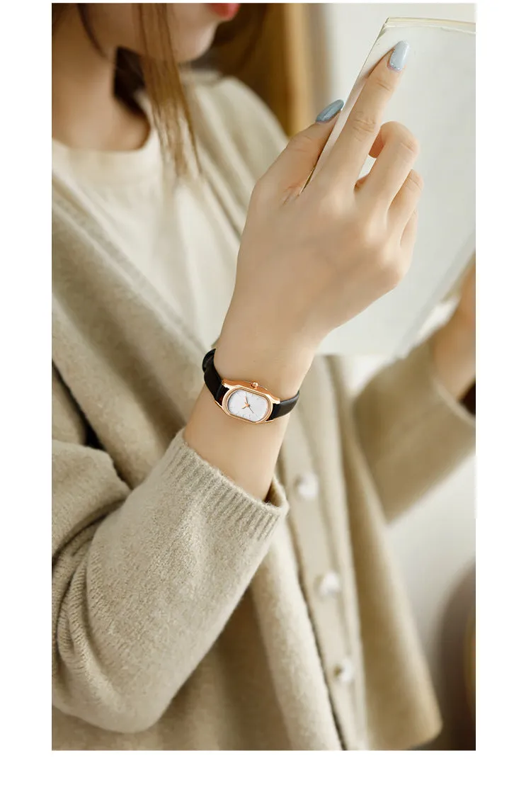 Sidiou Group Women's Fashion Black Small Watch Vintage Leather Ladies Wrist Watches Simple Oval Dial Dress Retro Female Quartz Wristwatch