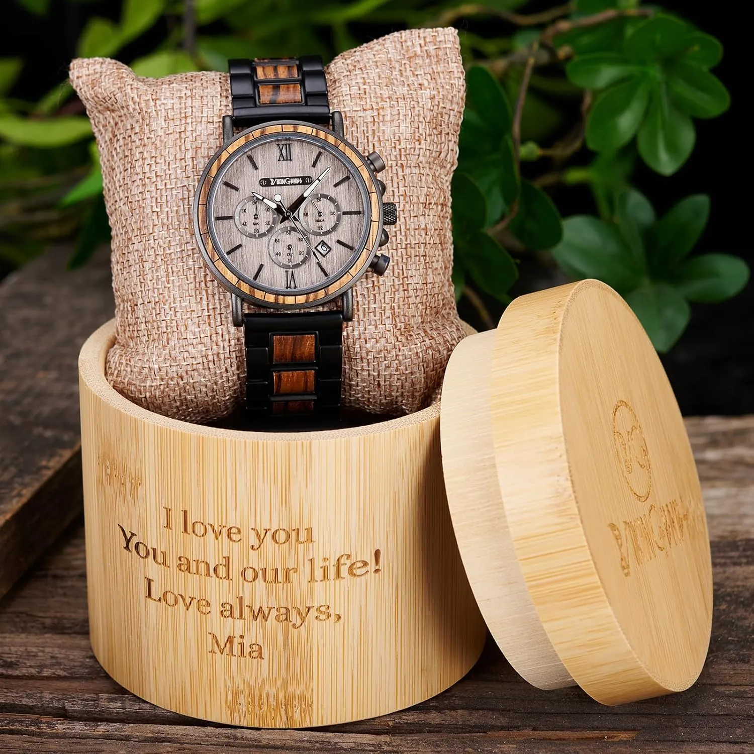 Vikingenes  Wooden Watches for Men, Engraved Wood Watch, Personalized Men's Gift, Viking Watches, Natural Wood Wristwatch, Luxury Wooden Chronograph, Custom Engraved Watch, Unique Gift for Men