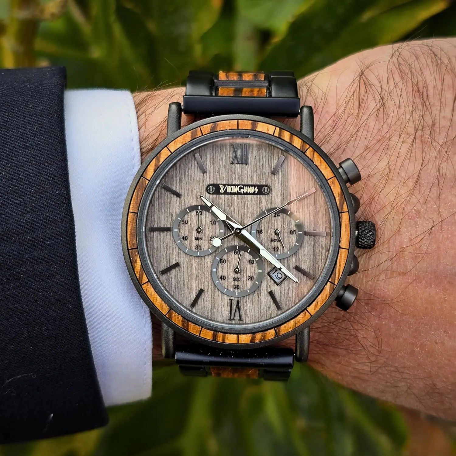 Vikingenes  Wooden Watches for Men, Engraved Wood Watch, Personalized Men's Gift, Viking Watches, Natural Wood Wristwatch, Luxury Wooden Chronograph, Custom Engraved Watch, Unique Gift for Men