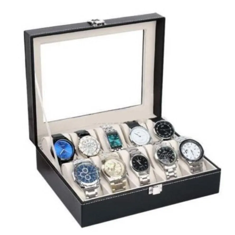 ZUN 10 Compartments High-grade Leather Watch Collection Storage Box Black 93279849