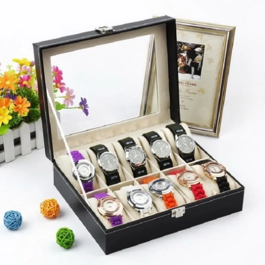 ZUN 10 Compartments High-grade Leather Watch Collection Storage Box Black 93279849