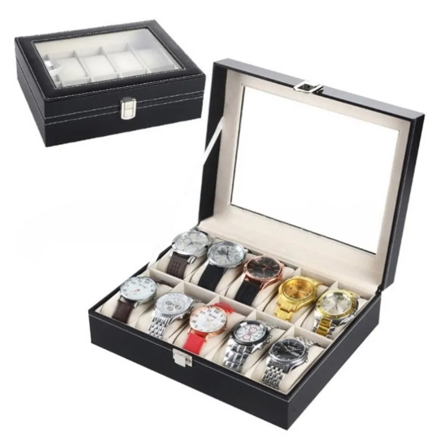 ZUN 10 Compartments High-grade Leather Watch Collection Storage Box Black 93279849