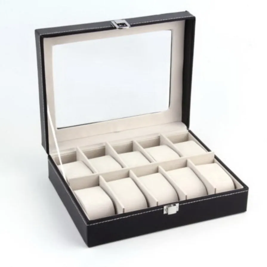 ZUN 10 Compartments High-grade Leather Watch Collection Storage Box Black 93279849
