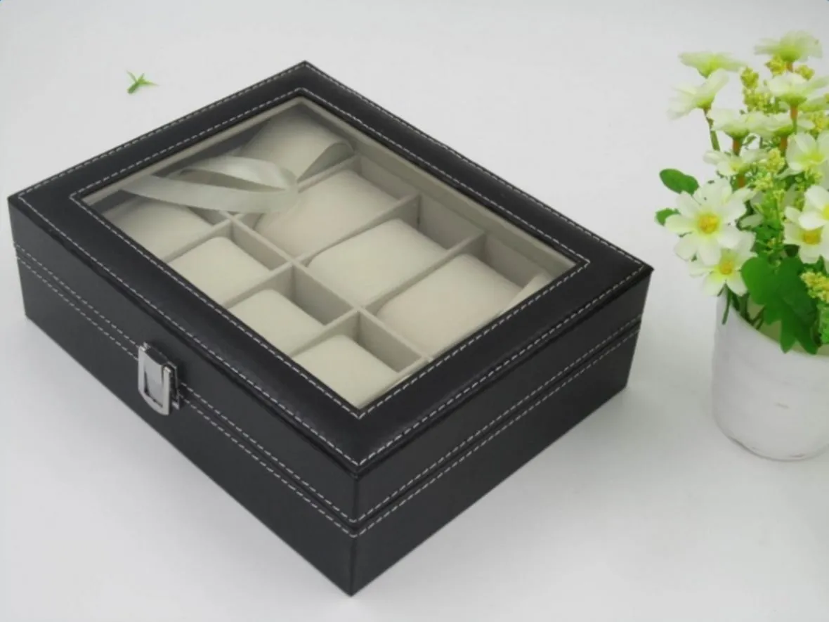 ZUN 10 Compartments High-grade Leather Watch Collection Storage Box Black 93279849