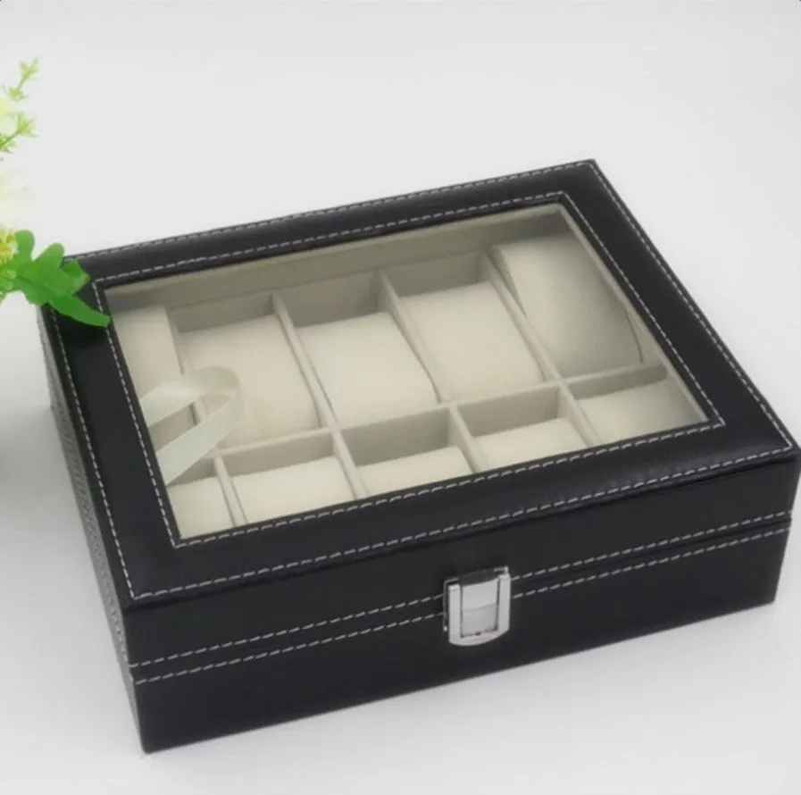 ZUN 10 Compartments High-grade Leather Watch Collection Storage Box Black 93279849